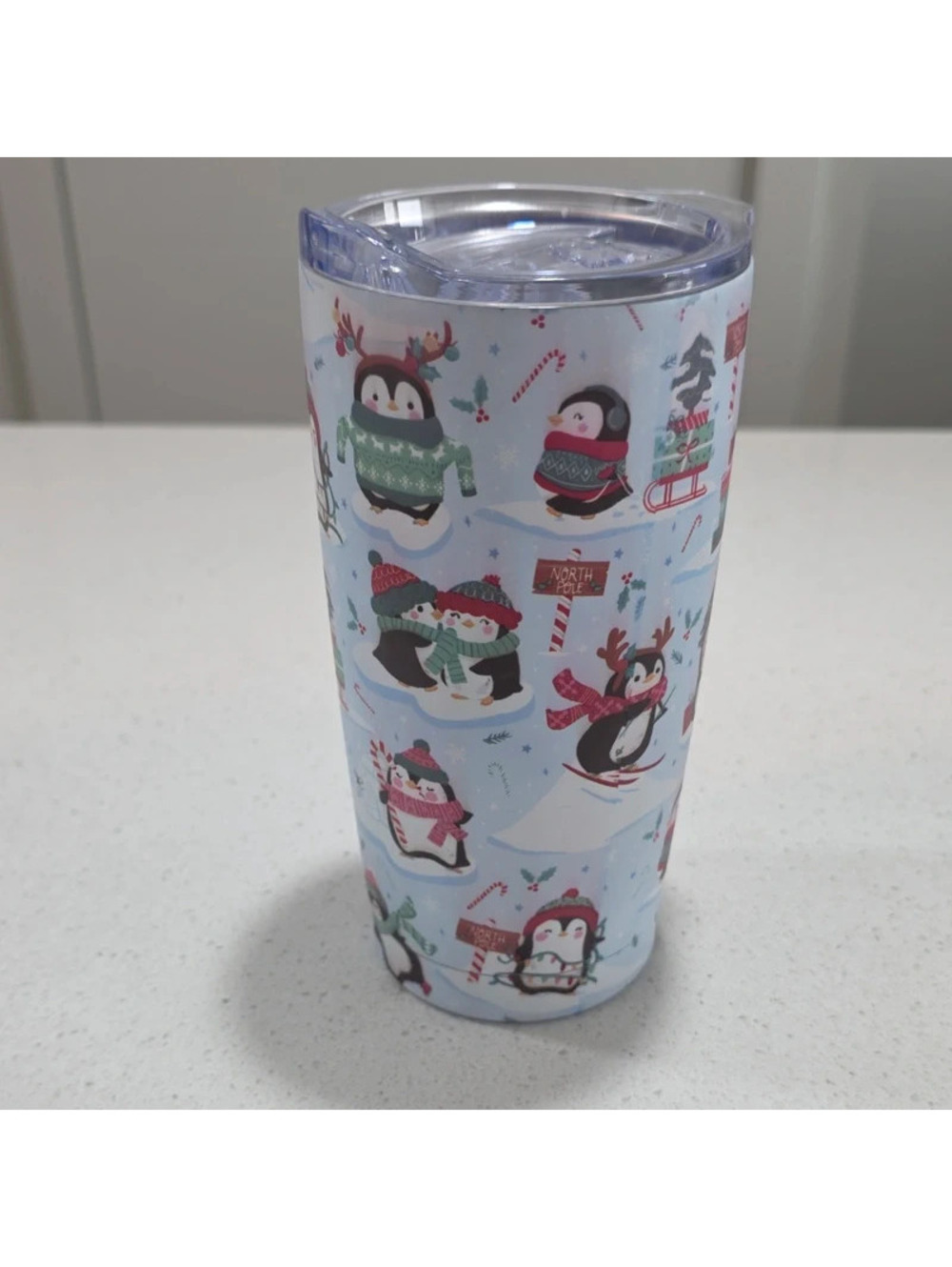 Insulated Stainless Steel Travel Tumbler with Cute Penguin Winter Design